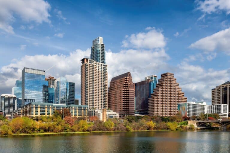 Emotional Support Animal Texas. Austin downtown skyline on the Colorado River in Austin, Texas, USA.