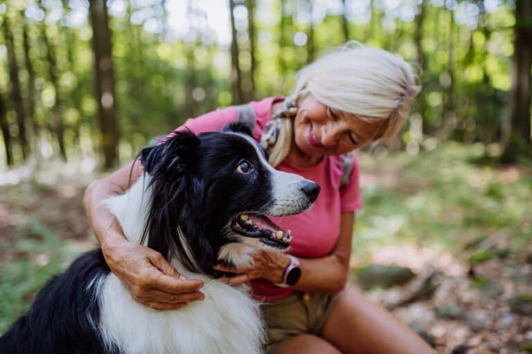 Woman stroking her dog during walking in forest