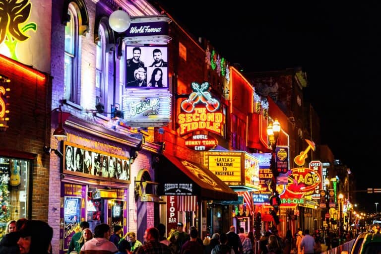 Busy street in Nashville with all sorts of bars and clubs and live music venues
