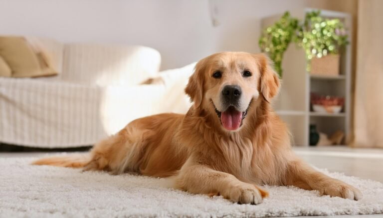 An adult Golden Retriever Dog sitting on a living room floor