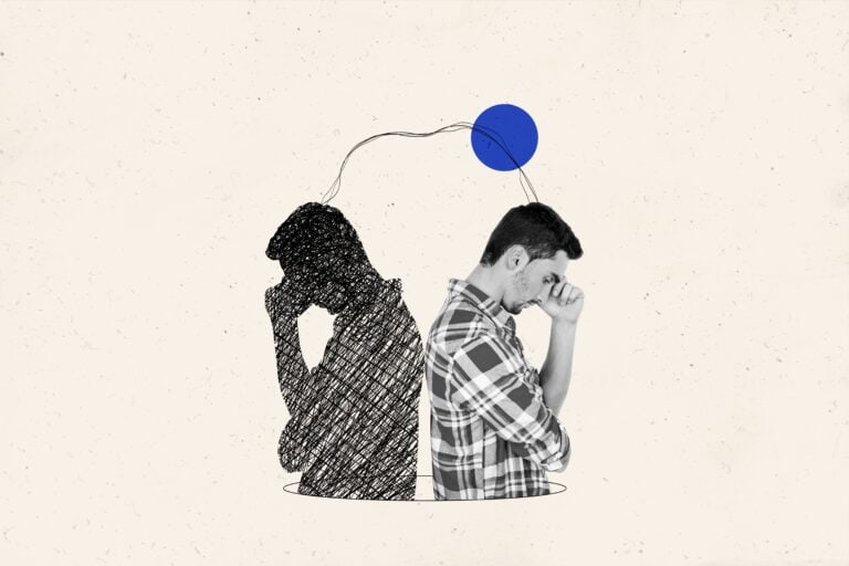 A drawing of a man connected by a mirrored image of himself covered in shadow. The two images represent the struggle of bipolar disorder