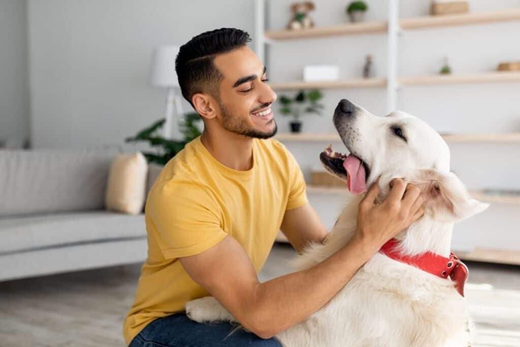 man playing with his dog in a bright living room.