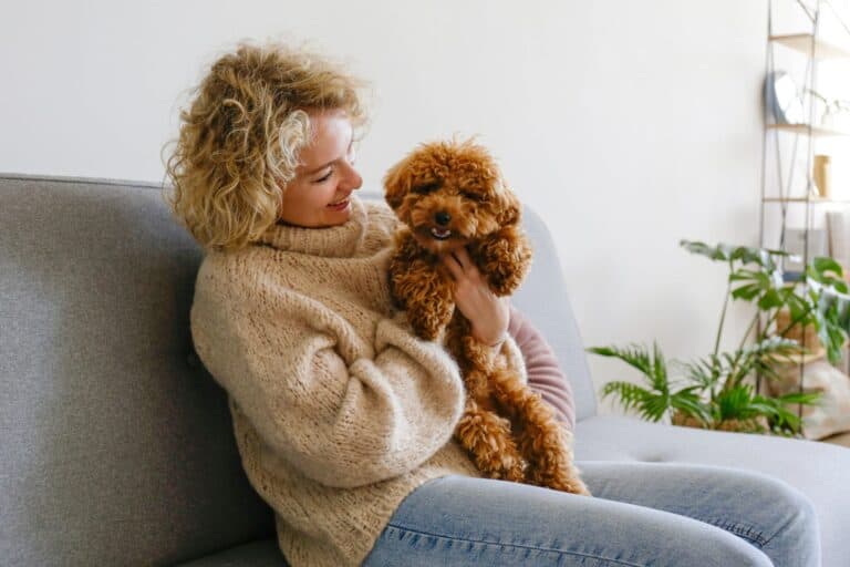 Emotional Support Animal Fort Lauderdale. A woman cuddling her emotional support dog while sitting on a couch.