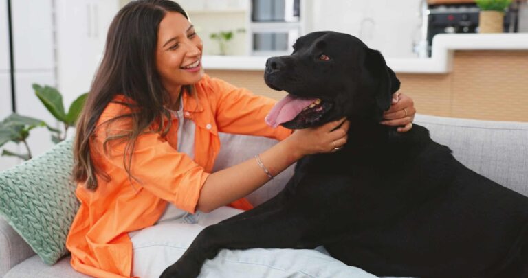 Certapet ESA authentic customer reviews, ESA letter. A young woman sitting on a couch with a big black dog cuddling with her.